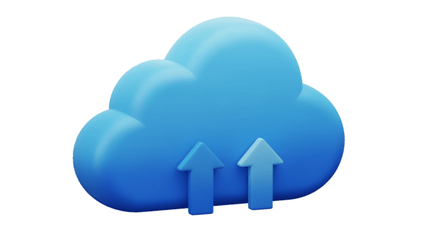 Blue cloud computing icon with upload arrows isolated on transparent background png
