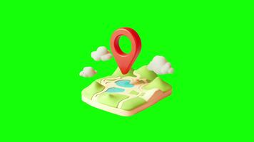 3D Isometric Map with Red Location Pin and Clouds on Green Screen Background video