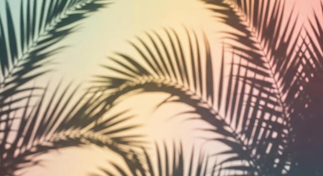 Sunlit palm leaf shadows creating artistic patterns on pastel background photo