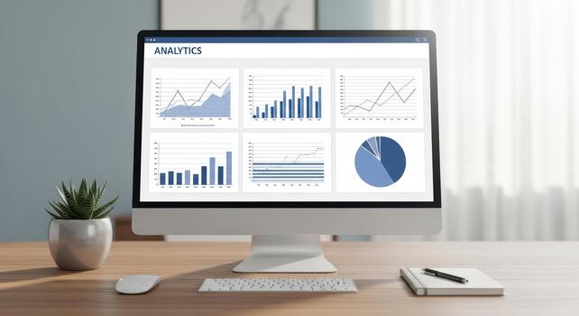 Modern workspace with computer displaying data analytics and graphs photo