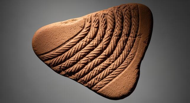 Ancient clay tablet with intricate rope patterns on triangular surface photo