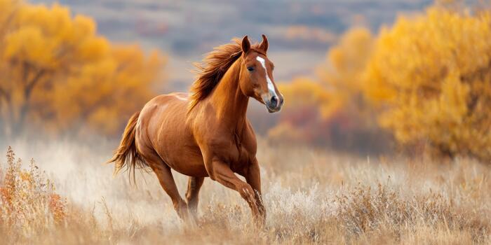 Majestic horse running through golden autumn fields in the countryside photo