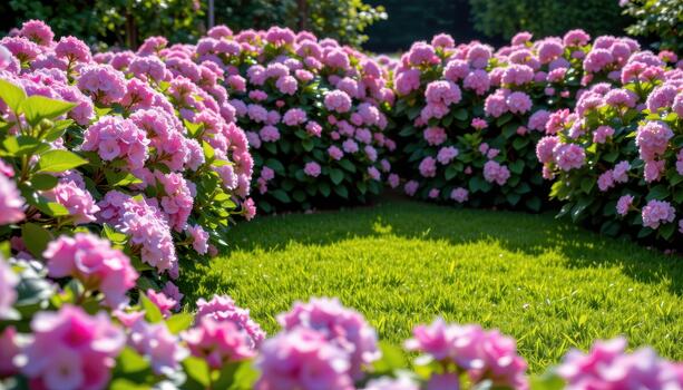 Hydrangea blooms form soft walls around a shining lawn, merging color and calm atmosphere. photo