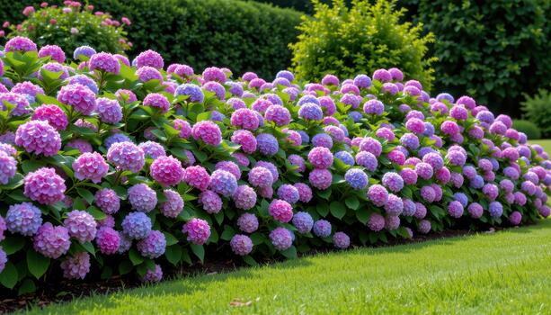 A lush array of hydrangeas blooming peacefully around a lawn. photo