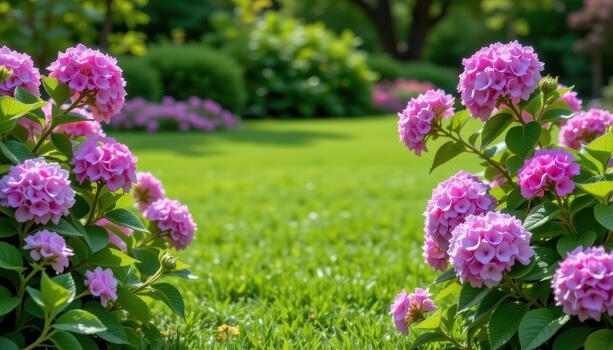 A blooming hydrangea border frames a calm green lawn. photo