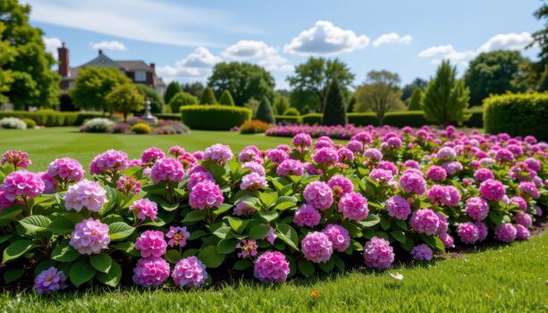 A sprawling lawn hugged by hydrangeas in full bloom. photo