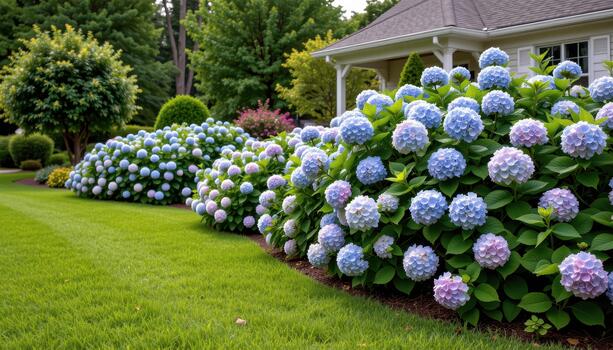 Hydrangeas in full bloom create a dreamy outline around the lawn. photo
