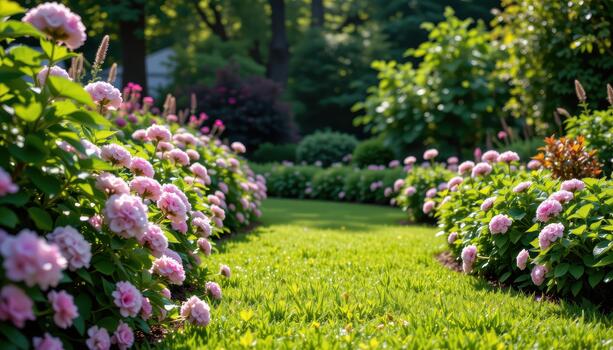 A tranquil hydrangea border frames a cool green lawn. photo