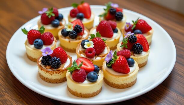 Bite sized cakes topped with fresh berries and small flowers, elegant and delicious for guests. photo