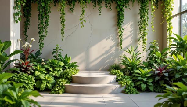 Fresh herbs and lush green plants surround the podium, creating a harmonious and serene setting. photo