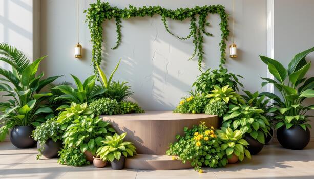 Fresh herbs and vibrant greenery encircle the podium, creating a natural and visually pleasing environment. photo