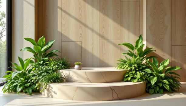 The podium is adorned with leafy greens and aromatic herbs, giving it a serene and refreshing presence. photo