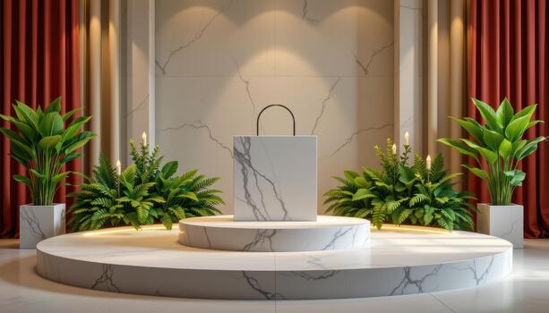 The podium is flanked by fresh green plants and aromatic herbs, creating a calming and elegant stage. photo