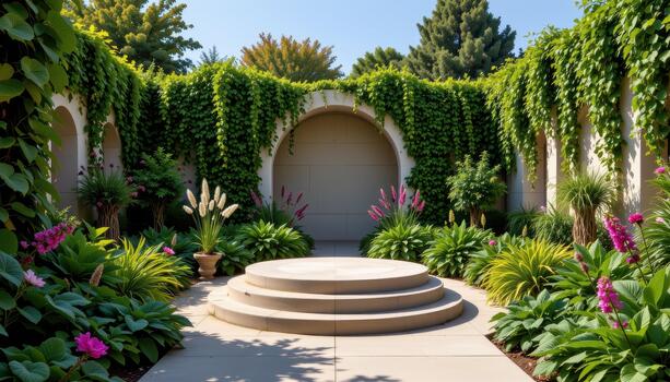 Lush greenery and aromatic herbs encircle the podium, providing a serene and visually striking backdrop. photo