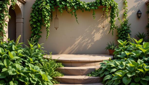 Lush leafy herbs and aromatic greenery frame the podium, enhancing its vibrancy, serenity, and charm. photo