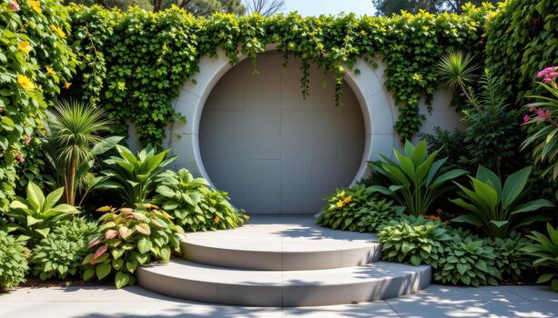 Lush herbs and vibrant greenery frame the podium, giving it a natural and inviting presence. photo