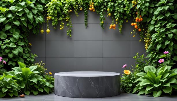 Fresh herbs and lush leafy greens frame the podium, adding life, color, and fragrance to the scene. photo