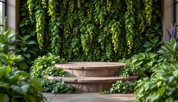 The podium is embraced by fresh herbs and leafy greens, offering a peaceful and visually appealing backdrop. photo