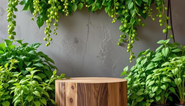 Fresh herbs and vibrant green plants frame the podium, creating a natural and visually striking setting. photo