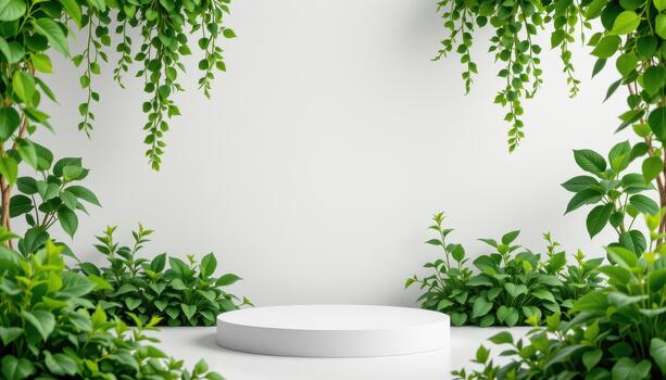 Fresh leafy herbs encircle the podium, providing a serene and visually appealing presentation space. photo