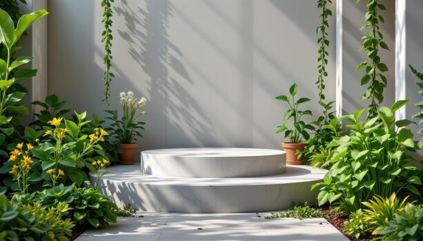 The podium is flanked by aromatic herbs and leafy greens, creating a harmonious and inviting space. photo