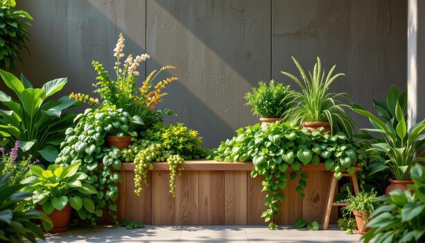 The podium is adorned with fragrant herbs and leafy plants, offering a natural, refreshing, and inviting scene. photo