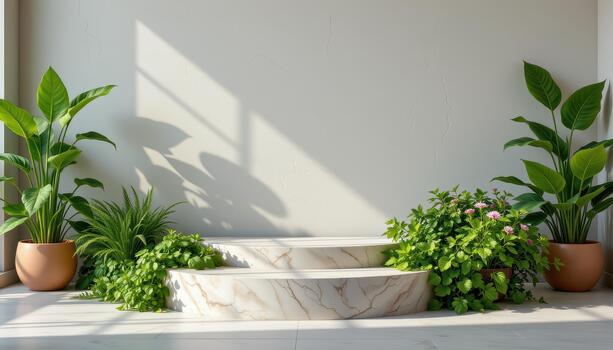 Aromatic herbs and fresh leafy greens flank the podium, creating a natural, serene, and inviting environment. photo