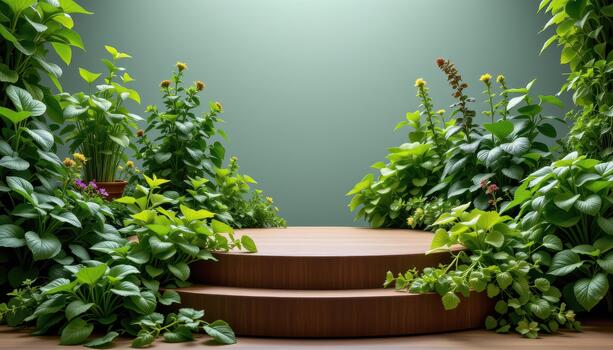 Fresh herbs and leafy greens embrace the podium, creating a harmonious, inviting, and natural environment. photo
