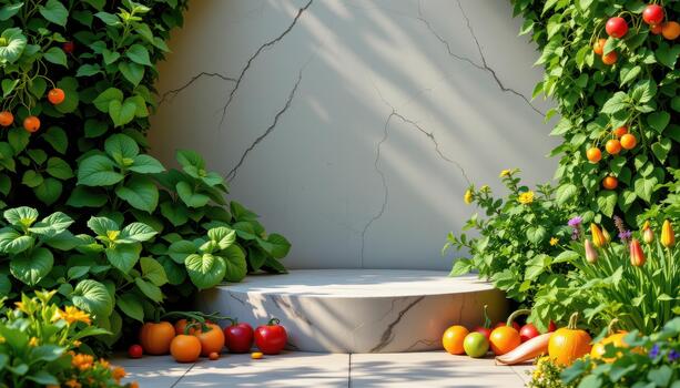 Fresh herbs and leafy vegetables frame the podium, offering a peaceful, colorful, and aromatic setting. photo