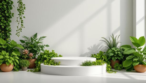 The podium is flanked by fresh leafy herbs and aromatic greenery, creating a serene, natural, and inviting space. photo