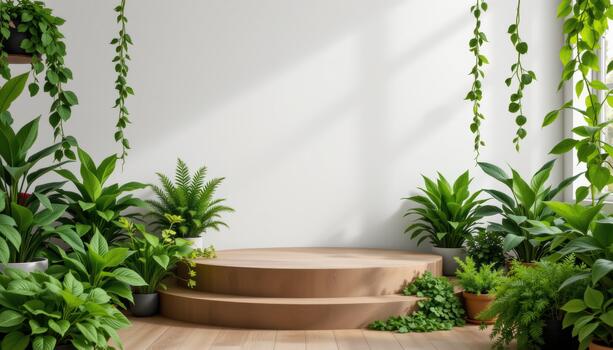 Aromatic herbs and green plants encircle the podium, creating a calming, fragrant, and visually appealing space. photo