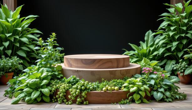 Green herbs and leafy plants encircle the podium, adding fragrance, color, and harmonious visual appeal. photo