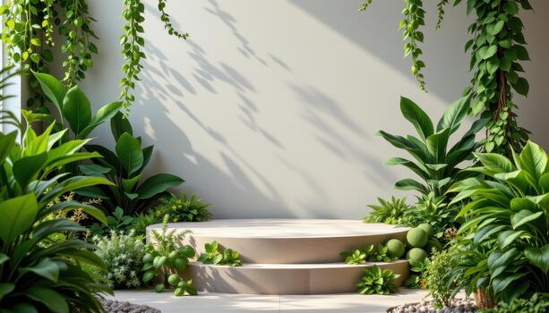 Fresh leafy plants and aromatic herbs embrace the podium, creating a serene, vibrant, and inviting environment. photo