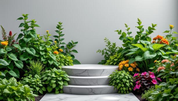 Lush herbs and leafy plants encircle the podium, offering life, fragrance, color, and a visually appealing setting. photo