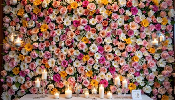The full flower wall is complemented by delicate glass candle holders, creating soft illumination. photo