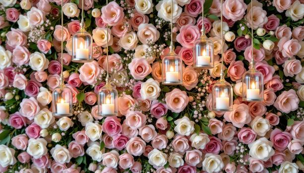 Hanging glass candle holders illuminate a dense floral wall, creating an enchanting visual effect. photo