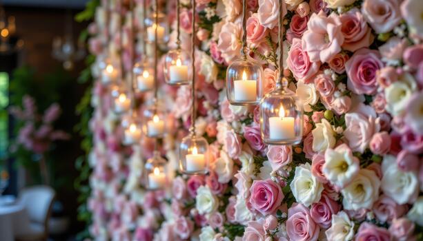 colgando vaso velas suavemente iluminar un flor muro, creando soñador, encantador, y elegante vibras. foto