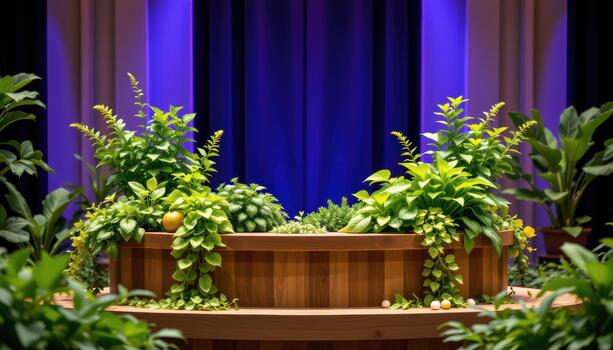 The podium is adorned with aromatic herbs and leafy greens, creating a tranquil and inviting setting. photo