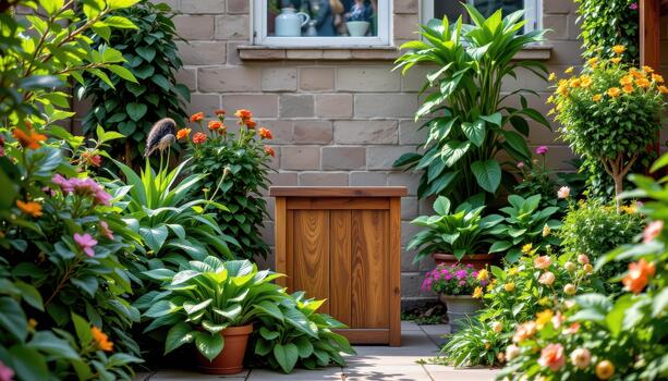 Lush leafy plants and fragrant herbs surround the podium, creating a natural, vibrant, and calming environment. photo