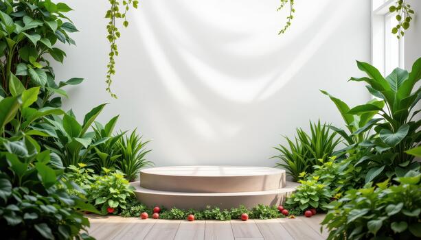 Aromatic herbs and green leafy plants encircle the podium, creating a harmonious and inviting setting. photo