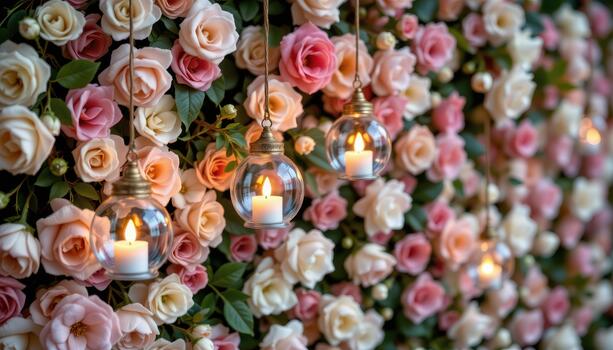 colgando vaso vela titulares resplandor suavemente en un denso floral muro, creando soñador y mágico vibras. foto