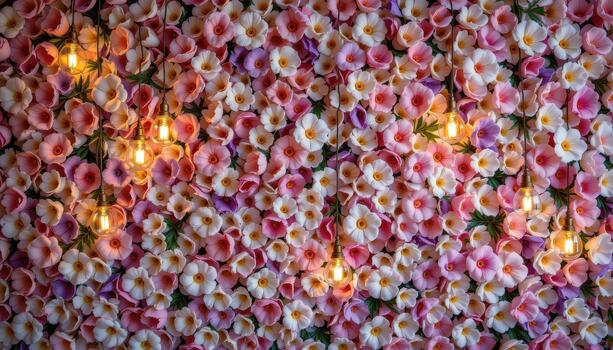 el lleno flor pared brilla suavemente con colgando vaso velas, creando fotogénico, soñador, y encantador vibras. foto