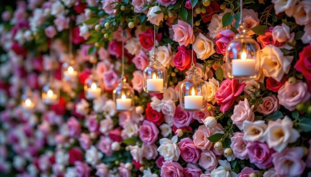 colgando vaso velas iluminar un denso flor muro, creando caprichoso, fotogénico, y mágico vibras. foto