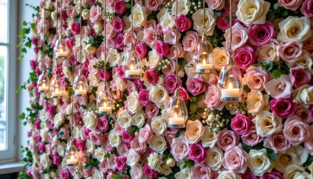 el lleno flor pared brilla suavemente con suspendido vaso vela titulares, creando elegancia, encanto, y mágico vibras. foto