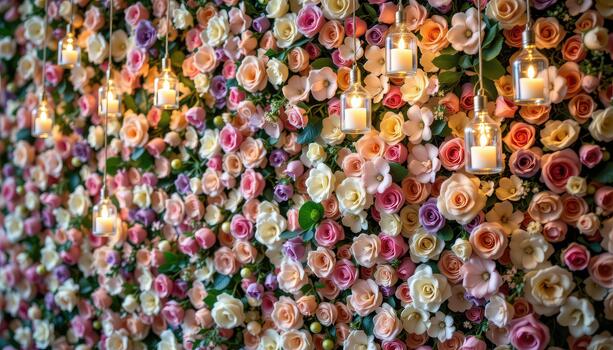 el flor pared destellos debajo suave ligero desde colgando vaso velas, creando caprichoso, romántico, y elegante vibras. foto