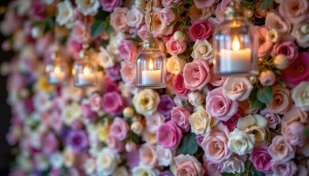 colgando vaso vela titulares resplandor suavemente en un lleno floración muro, creando caprichoso, soñador, y romántico vibras. foto