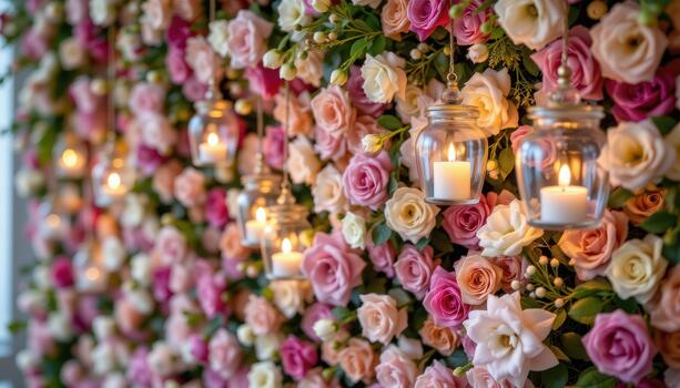 Hanging glass candle holders add sparkle and soft light to a full flower wall, creating a dreamy ambiance. photo