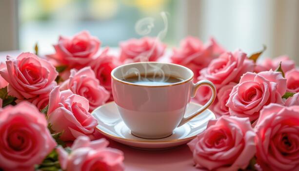 A steaming cup set within vivid roses, creating a warm and peaceful romantic composition. photo