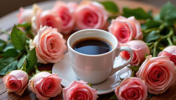 A warm coffee cup placed among blooming roses creating a romantic table display. photo