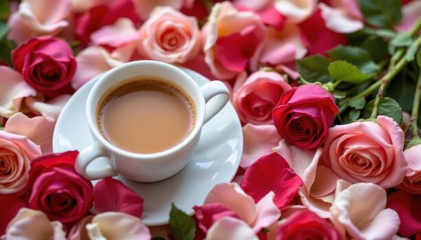 un café taza descansando suavemente en un cama de multicolor Rosa pétalos y suave verdor. foto